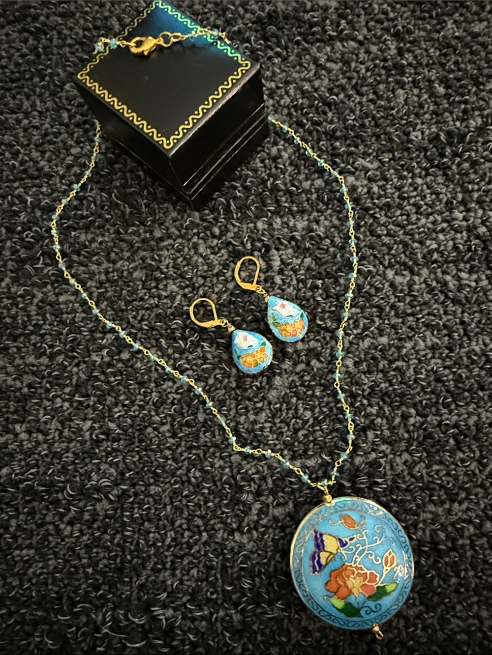 Turquoise Cloisonné Butterfly Pendant Necklace with Matching Earrings